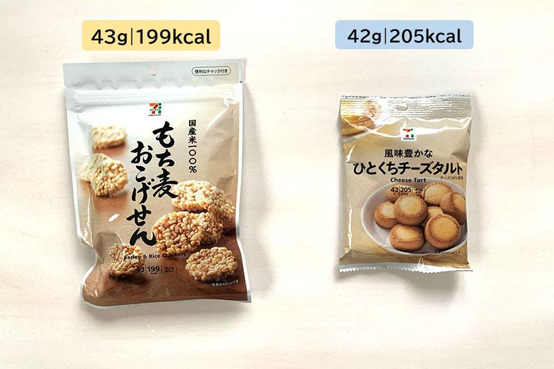 同程度の量のお菓子。もち麦のおせんべいの方が低カロリーです。